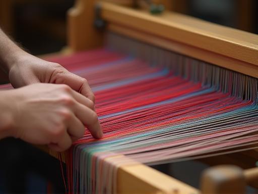 Close up of hands weaving silk thread on a traditional loom