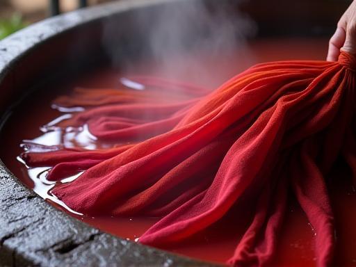 Bundles of silk being dipped into natural dye bath