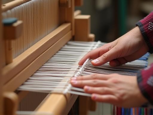 Hands operating a traditional silk weaving loom