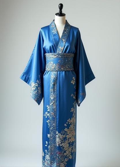 Elegant blue kimono with intricate floral patterns