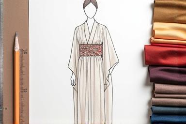 Sketch and fabric swatches for kimono design