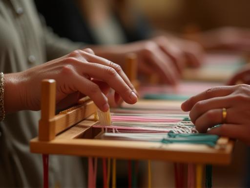 Hands using a small weaving tool during a workshop session